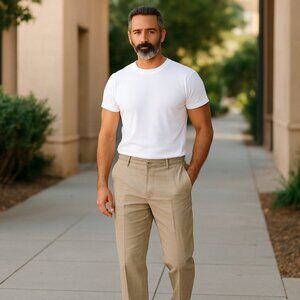 Pronto Uomo Platinum 100% Linen Dress Pants Mens Size 40 Beige Khaki Casual Busi